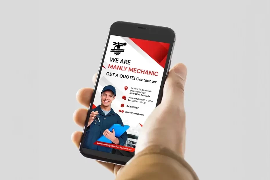 Holding an smartphone with a graphic design for mechanic company in australia